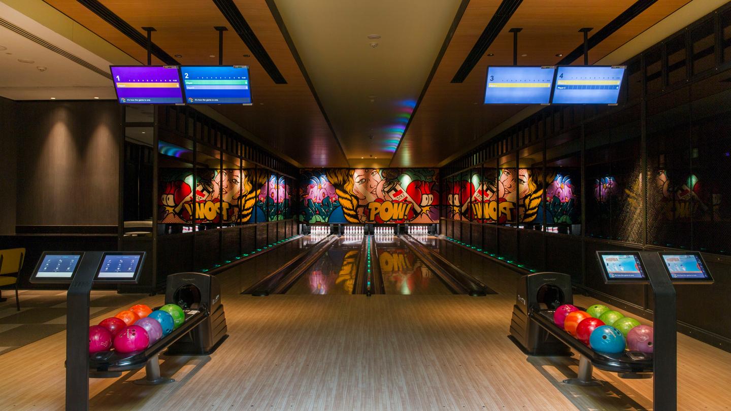 bowling alley at camellias clubhouse, india, residential design, interior design