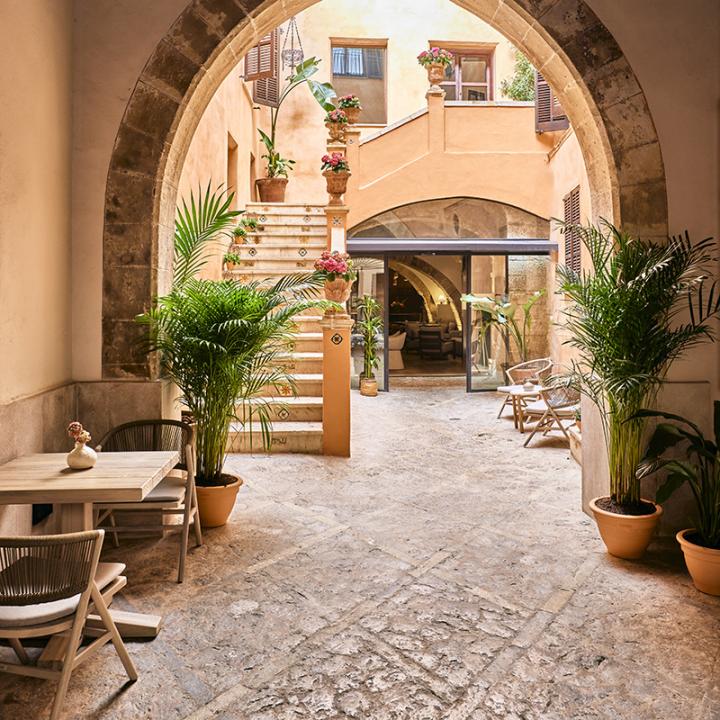 entry courtyard of Posada Terra Santa hotel in Mallorca Spain