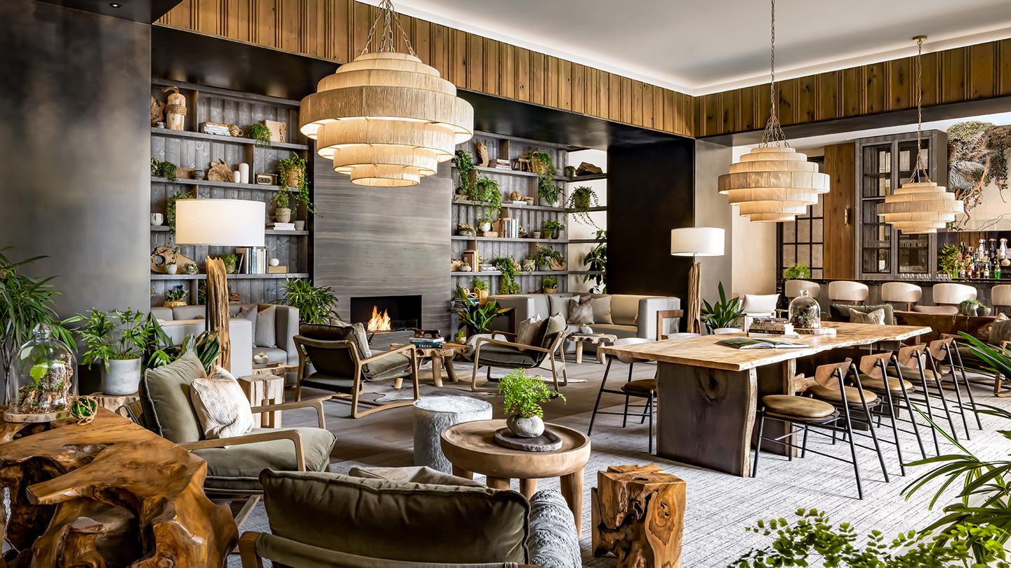 Lobby of 1 Hotel toronto with wood furnishings