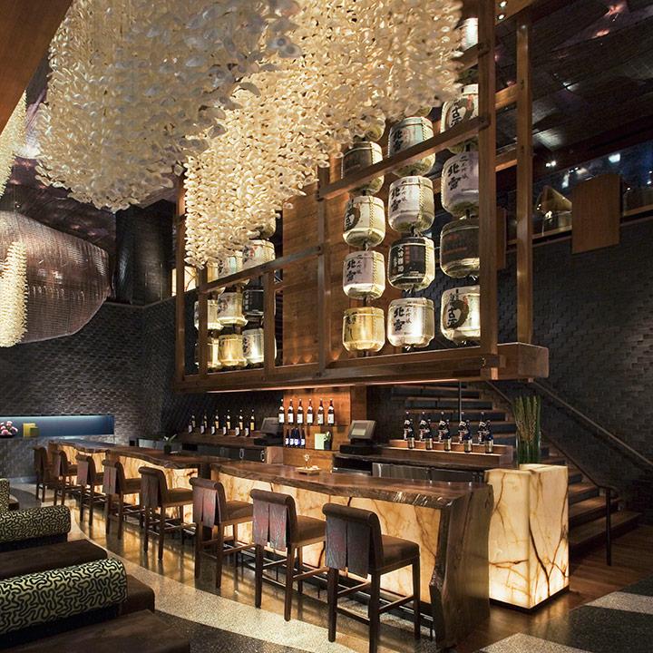 large-scale seashell chandelier hanging above the bar at Nobu 57