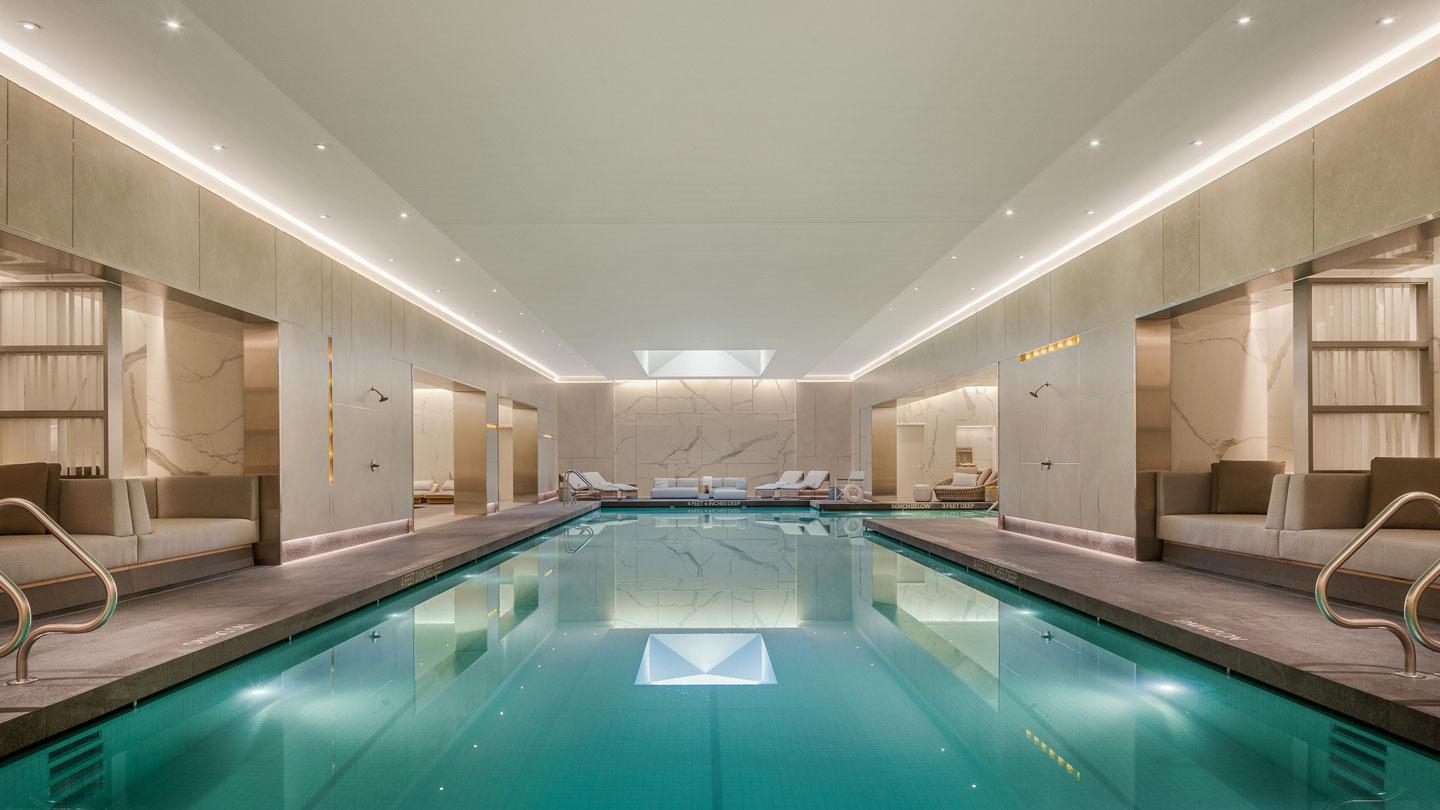 An indoor pool at the Waterline Club designed by Rockwell Group