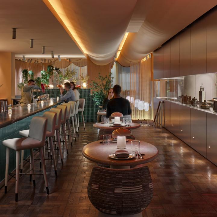 Bar and open kitchen at Casa Dani restaurant, interior design, NYC