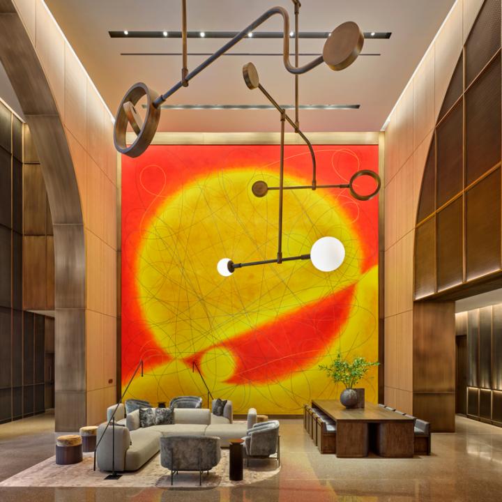 amenity entrance at 550 Madison, Dorothea Rockburne mural, interior design, nyc, workplace