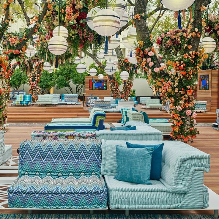 Roche Bobois sofa and hanging lanterns at the Oscars North Patio, Academy Awards, Union Station