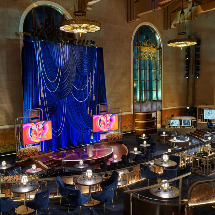 Oscars main show stage surrounded by banquettes and dining tables, Academy Awards, Los Angeles