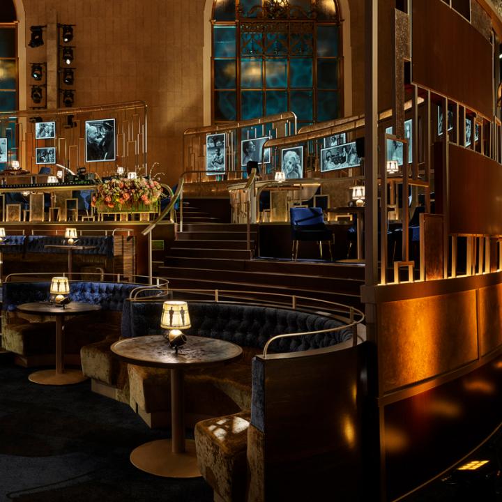 Detail of Oscars main show banquettes and dining table, Los Angeles, Academy Awards