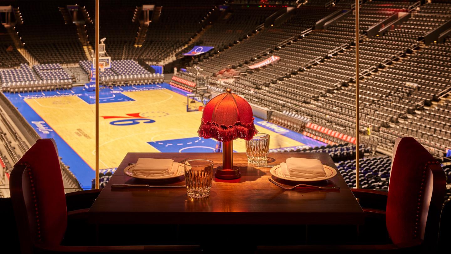 view of basketball court from adrian restaurant, stephan starr, wells fargo center, philadelphia