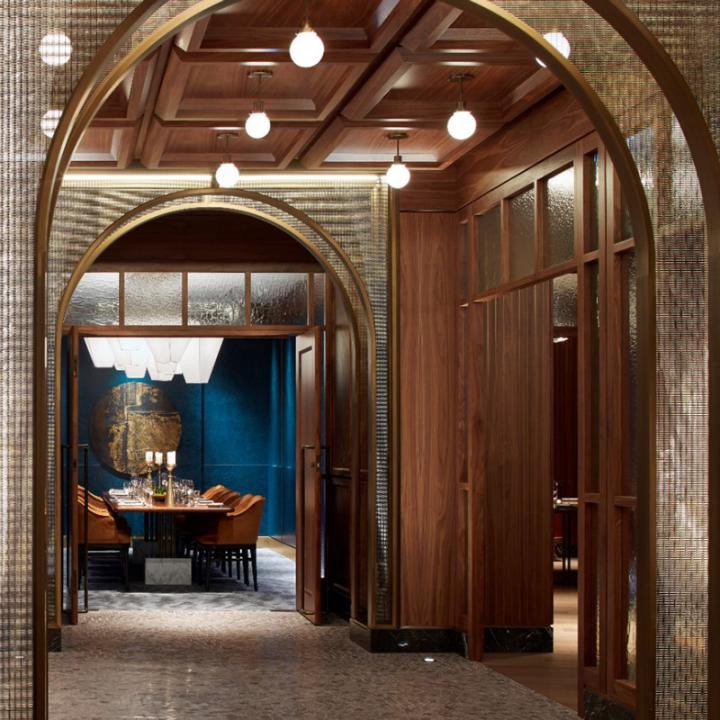 Hallway looking into private dining room at Fairmont Royal York designed by Rockwell Group architect