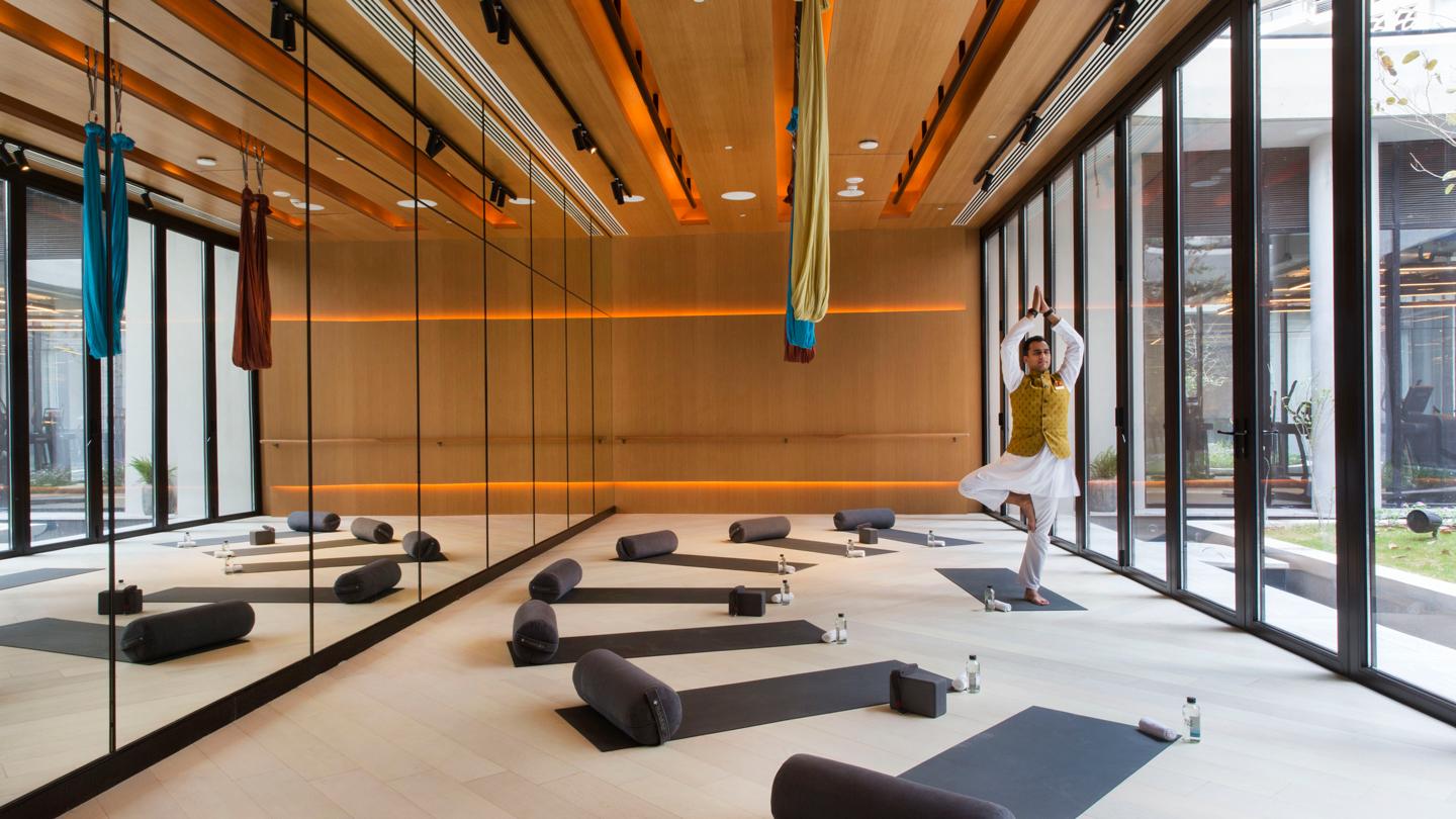 yoga studio at camellias clubhouse, india, residential design, interior design