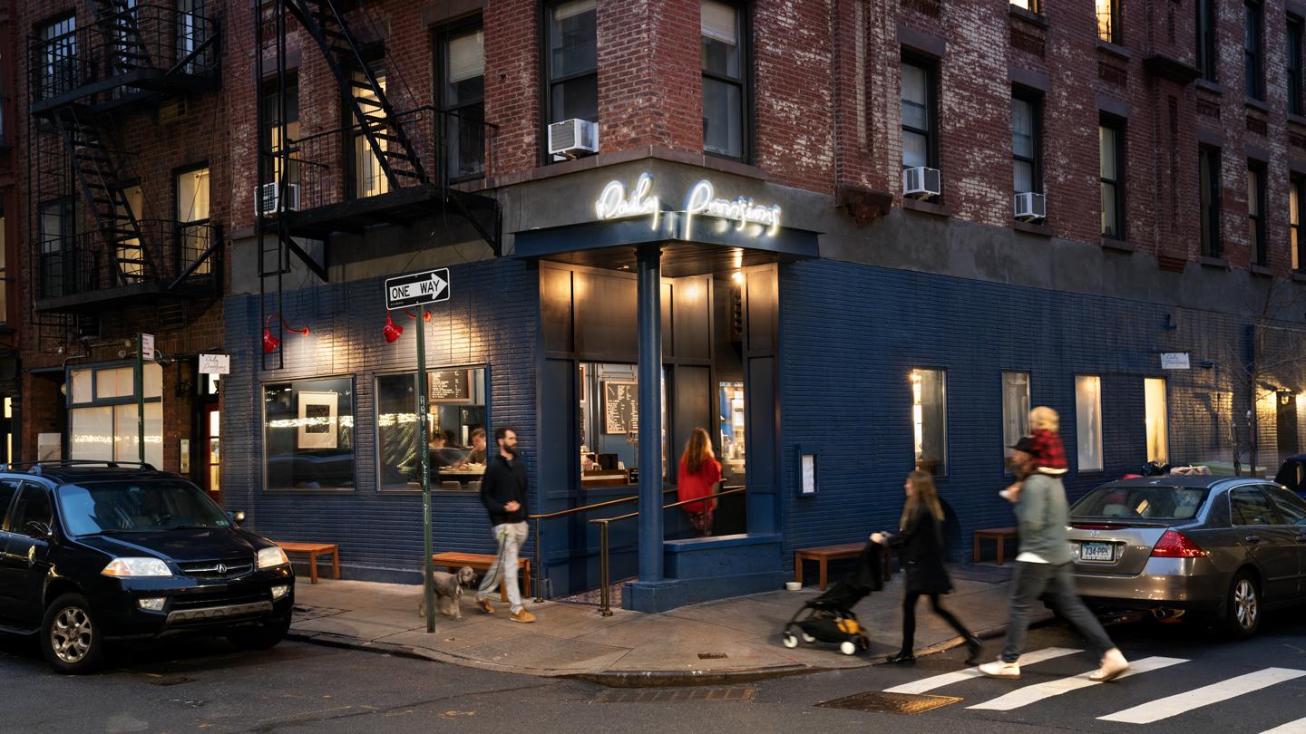 exterior of daily provisions west village at night, danny meyer, nyc, interior design, architecture