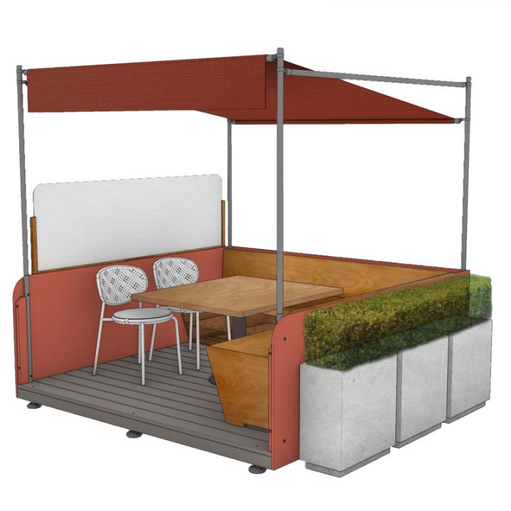 Rendering of DineOut outdoor dining booth designed by Rockwell Group with banquette, table, planter
