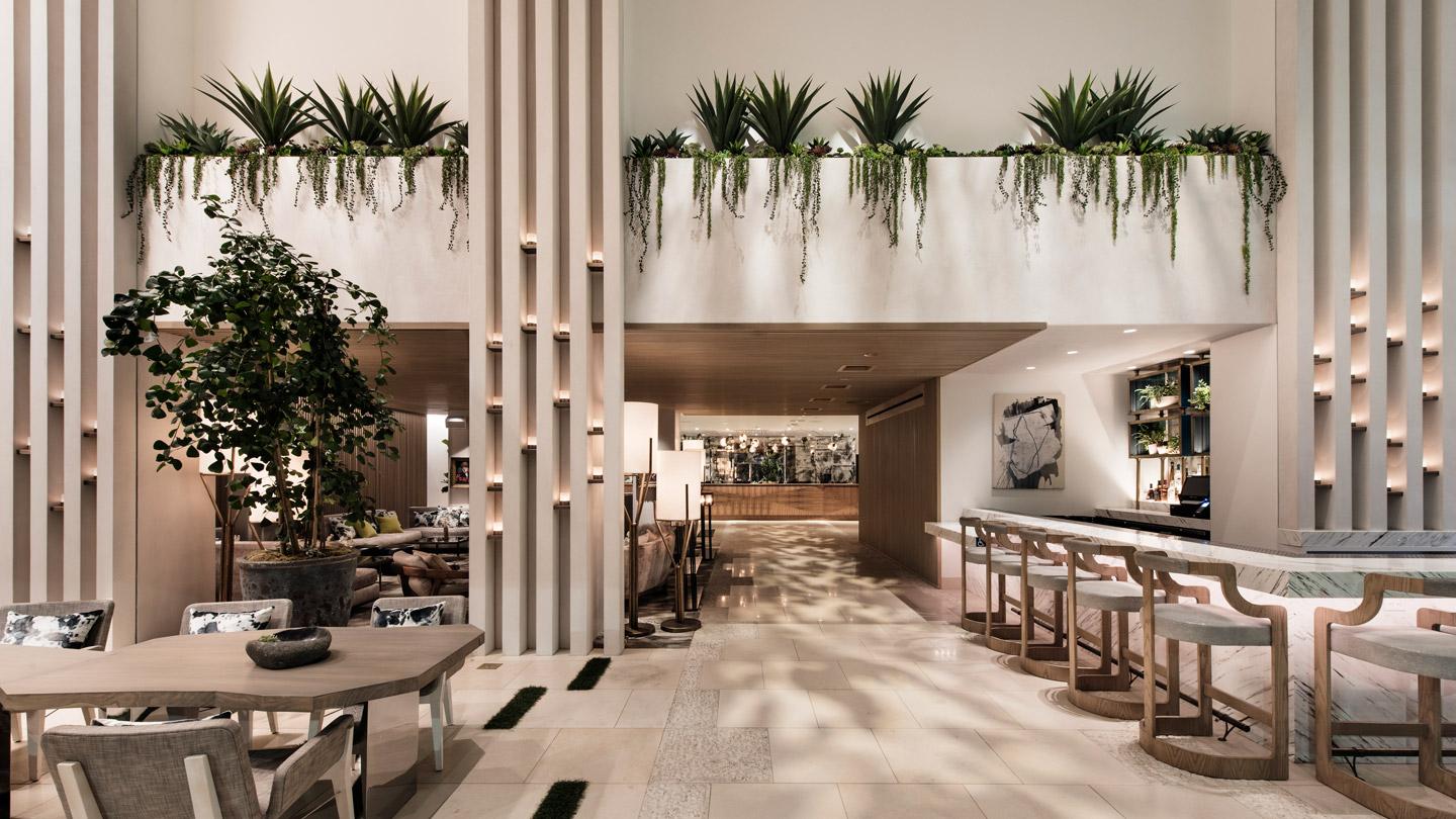 Lobby bar and lounge at Dream Hotel Hollywood in Los Angeles designed by Rockwell Group