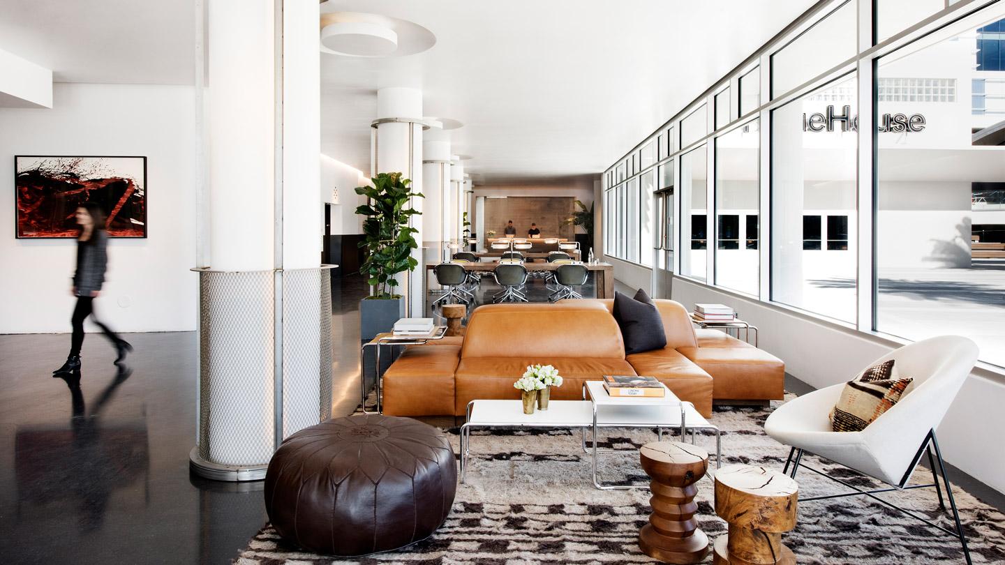 Co-working office lounge at NeueHouse Hollywood designed by Rockwell Group