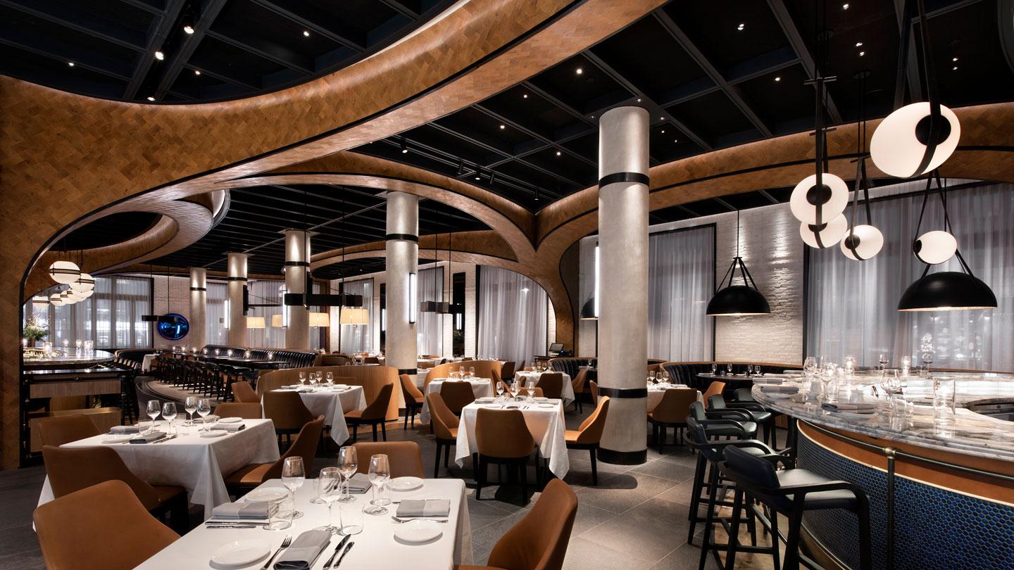Oceans New York main dining room and sushi bar designed by Rockwell Group architects.