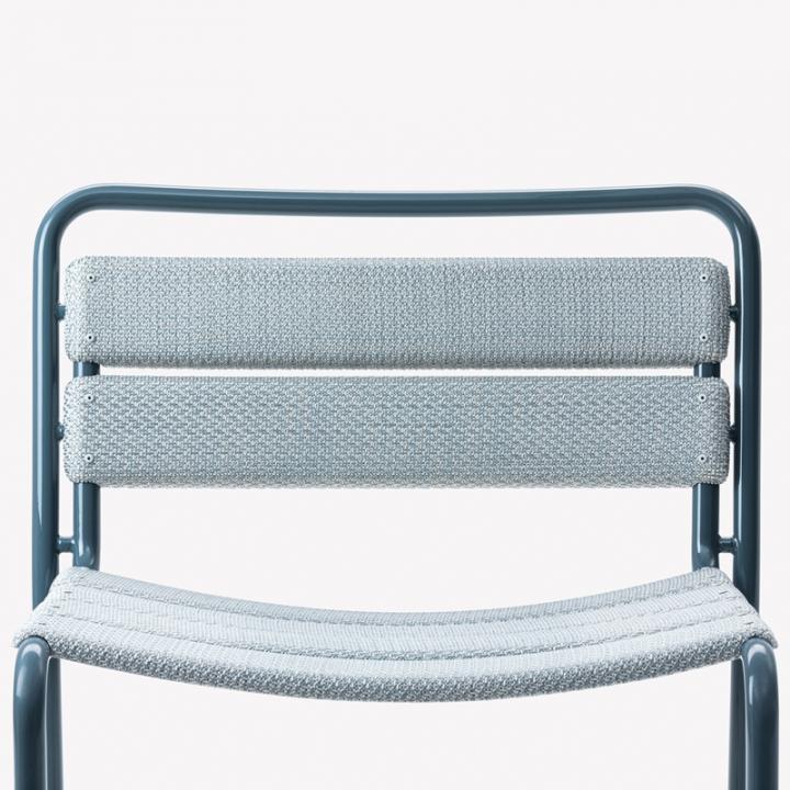 Detail of outdoor chair with steel frame and fabric material, paola lenti, product design, furniture