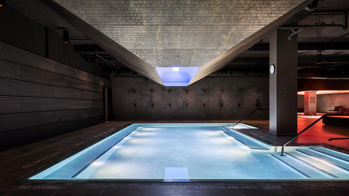 pyramid floating above pool at bathhouse flatiron, spa, nyc