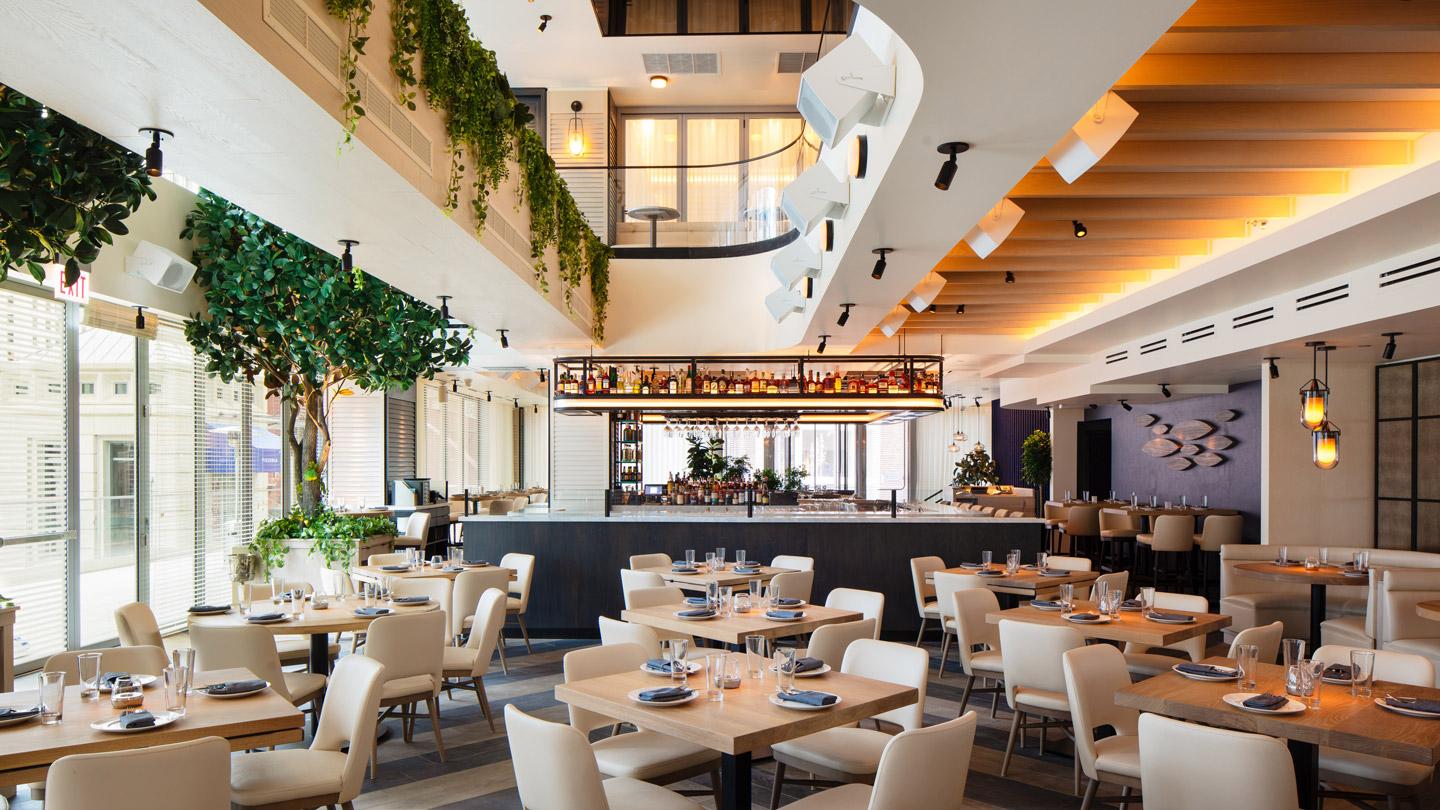 RPM Seafood main dining room and bar in Chicago designed by Rockwell Group architects.