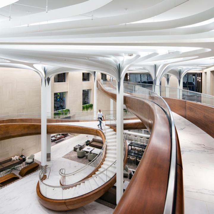 A winding staircase at Waterline Square's amenity spaces designed by Rockwell Group