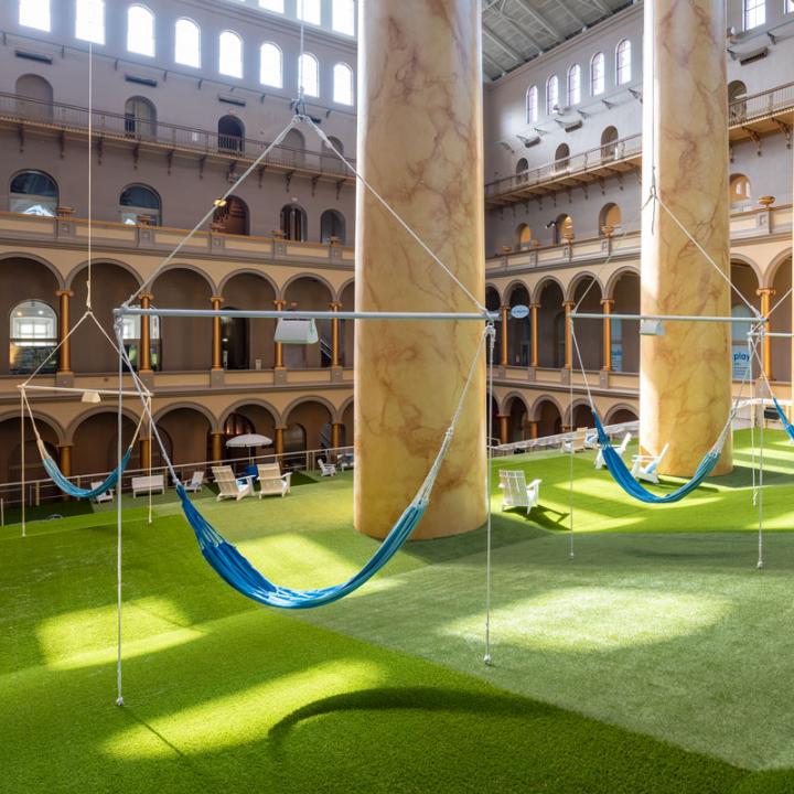 Hammock installation at the Lawn designed by LAB at Rockwell Group in the National Building Museum