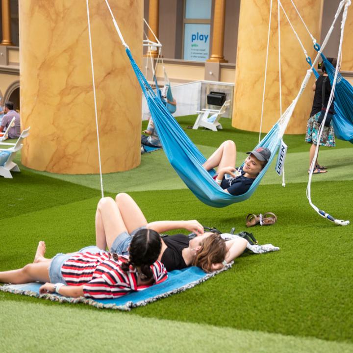 Hammock installation at the Lawn designed by LAB at Rockwell Group in the National Building Museum