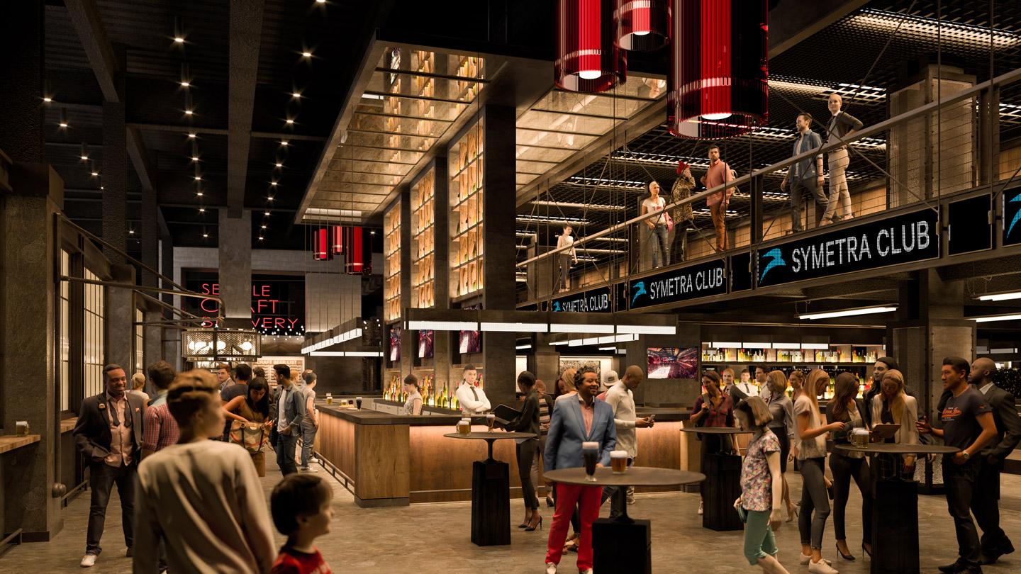 Rendering of bar area at sports arena designed by Rockwell Group architects.