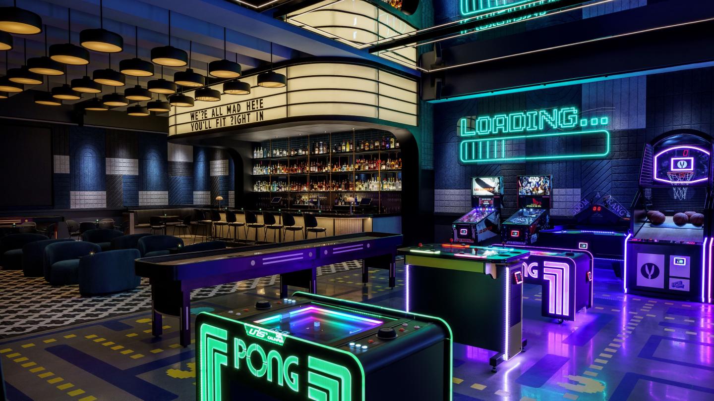 chasing rabbits solaris vail; rockwell group design; nightlife speakeasy; arcade pac-man